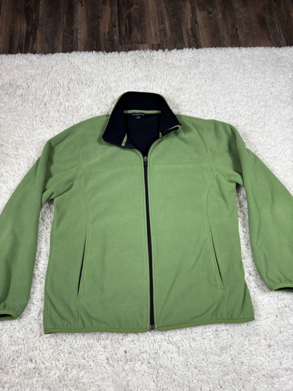 Lands’ End Women’s Large Green Black Fleece Full Zip Jacket Pockets